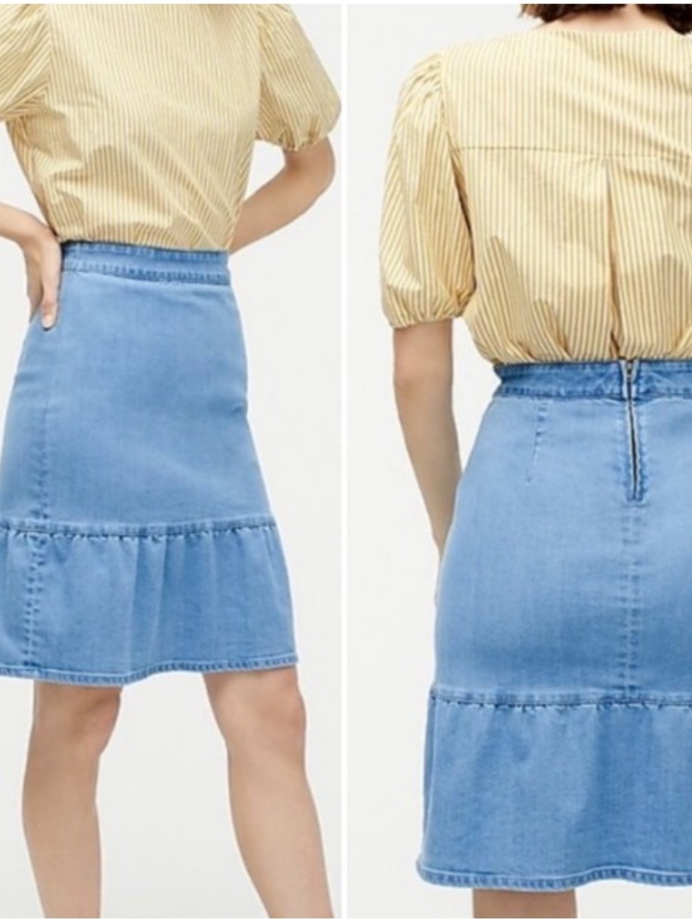 J. Crew Light Blue Denim Ruffled Hem Midi Skirt Coastal Preppy Classic Size 6
